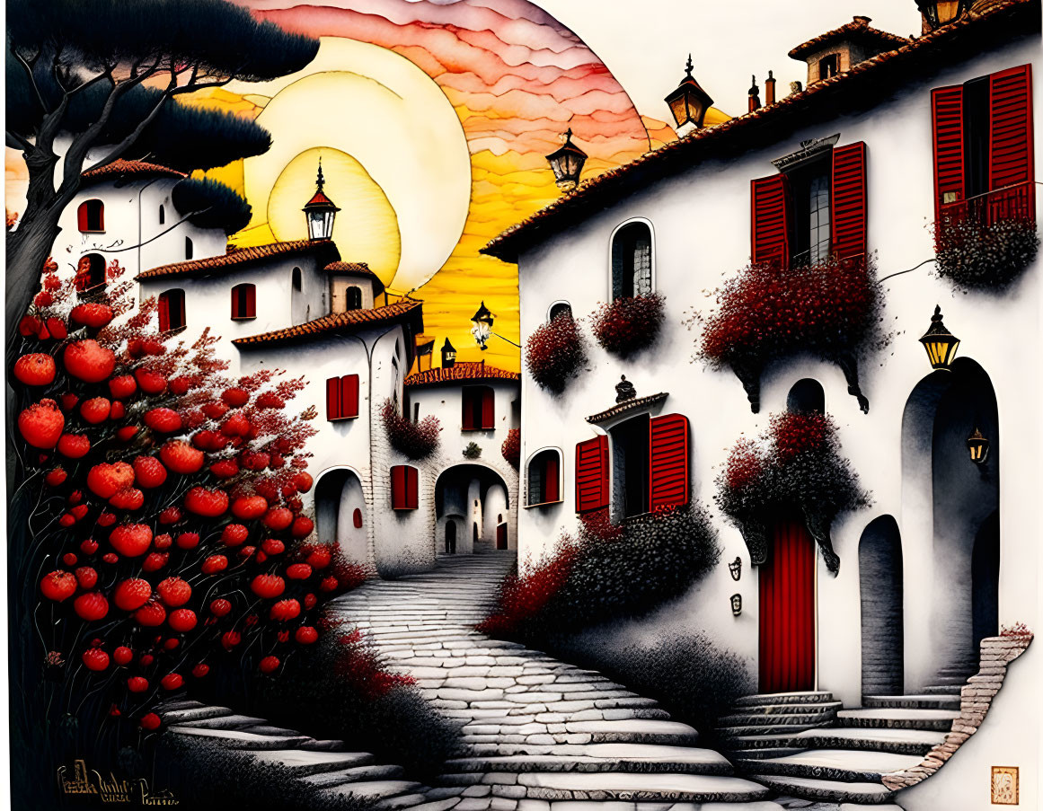 Whimsical village painting with white houses and red trees