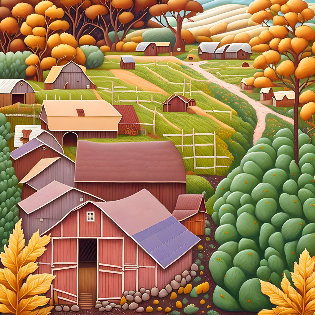 Tranquil autumn farm scene with barns, colorful trees, fields, and winding path