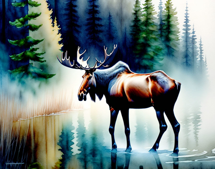 Majestic moose by misty lake in tranquil woods