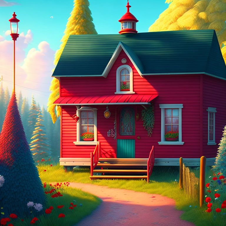 Vibrant red cottage with green trim and red roof in natural setting