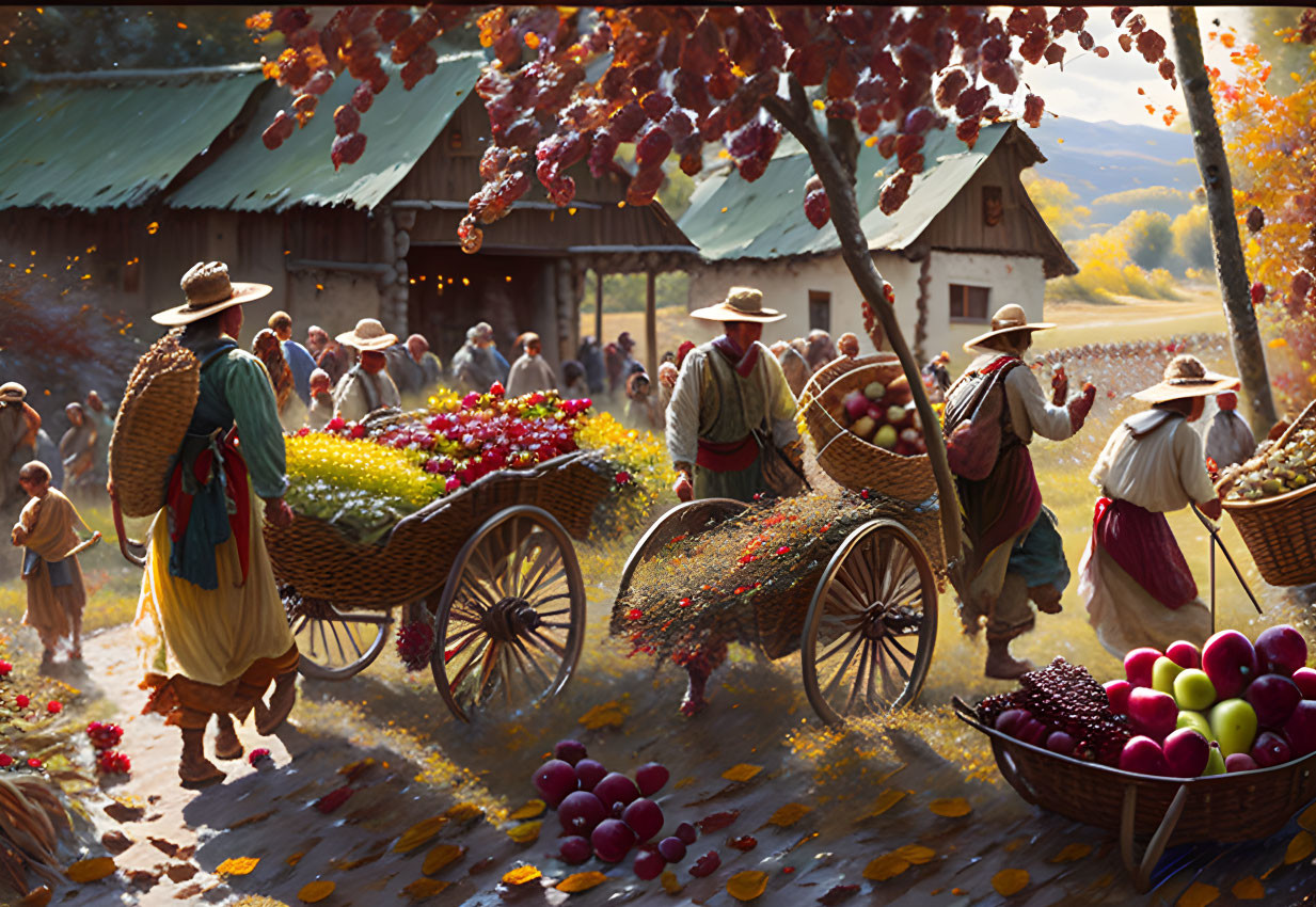 Harvesting and transporting colorful grapes in traditional clothing near a rustic barn on a sunny autumn day