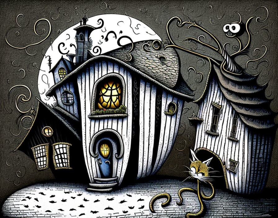Surreal village illustration with cat, stylized houses, and moonlit sky