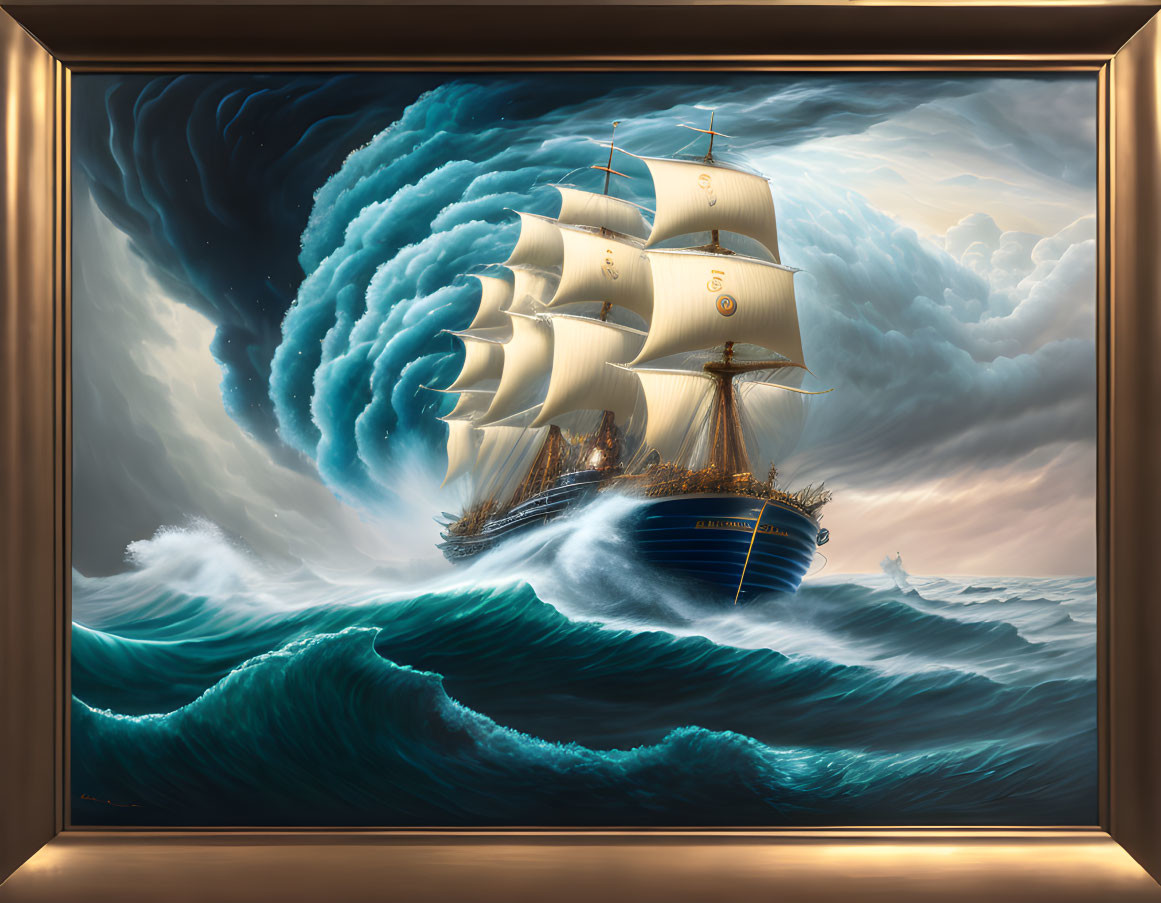 Vintage ship sailing through stormy seas in ornate frame