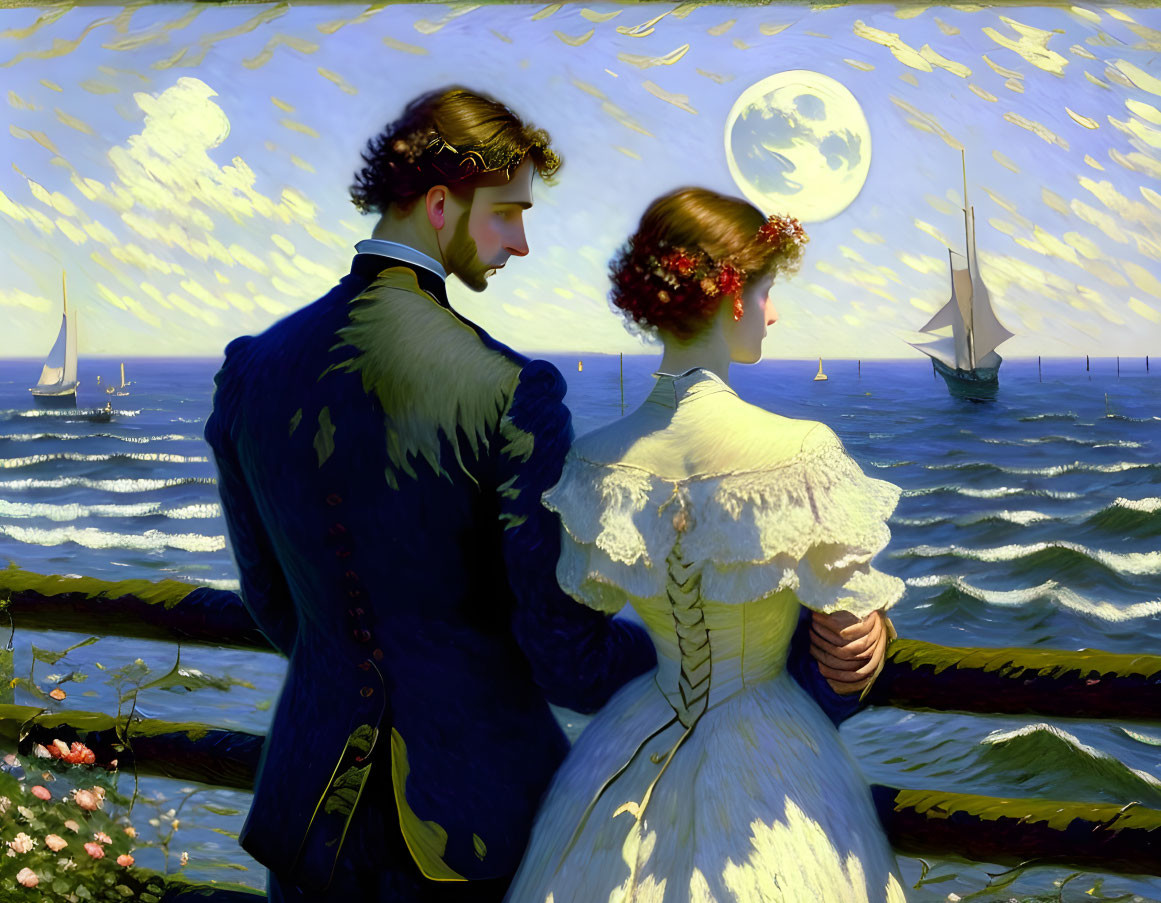 Vintage couple by sea under full moon with sailboat and Van Gogh-style backdrop