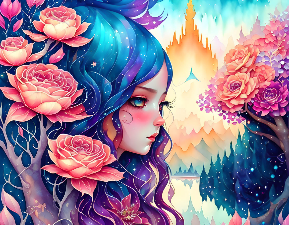 Girl with Blue Hair and Stars Surrounded by Pink Roses in Colorful Landscape