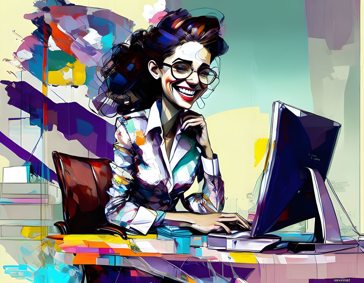 Vibrant illustration: cheerful woman with glasses at computer desk