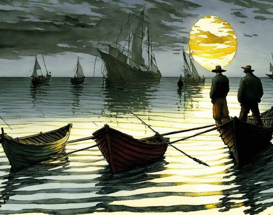 Silhouetted figures by small boats gazing at large yellow moon above calm sea with ships