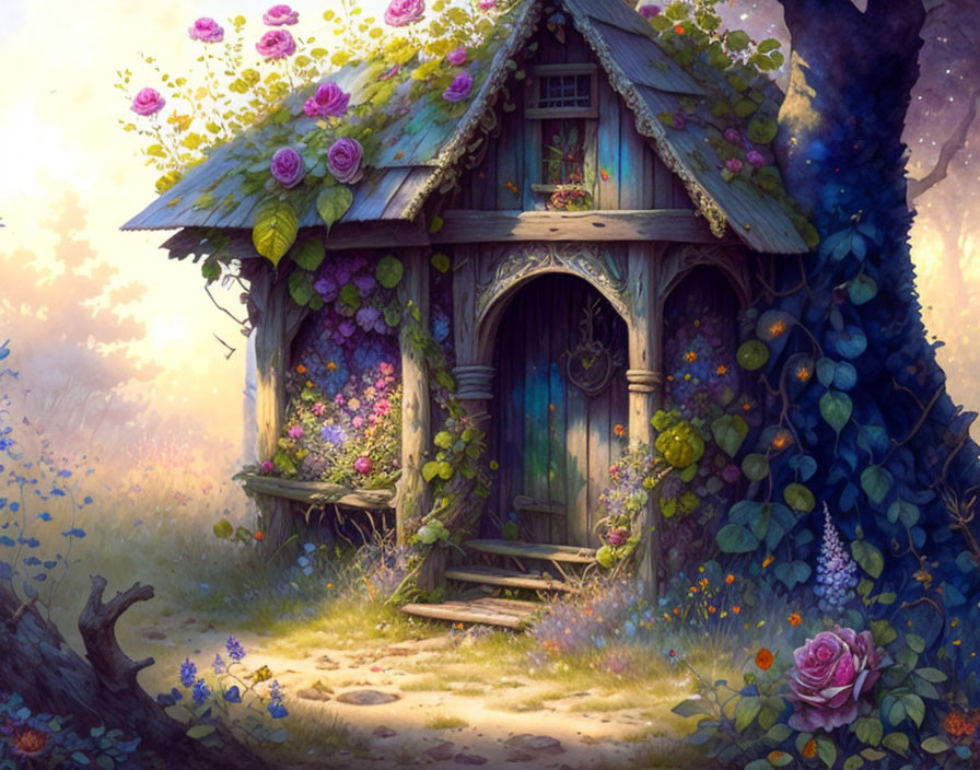 Colorful flowers and vines adorn whimsical cottage in sunlit forest.