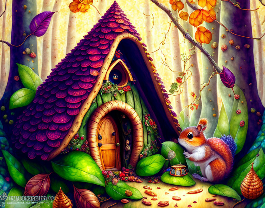 Illustration of whimsical forest house with tiled roof and circular door, surrounded by leaves and squirrel.