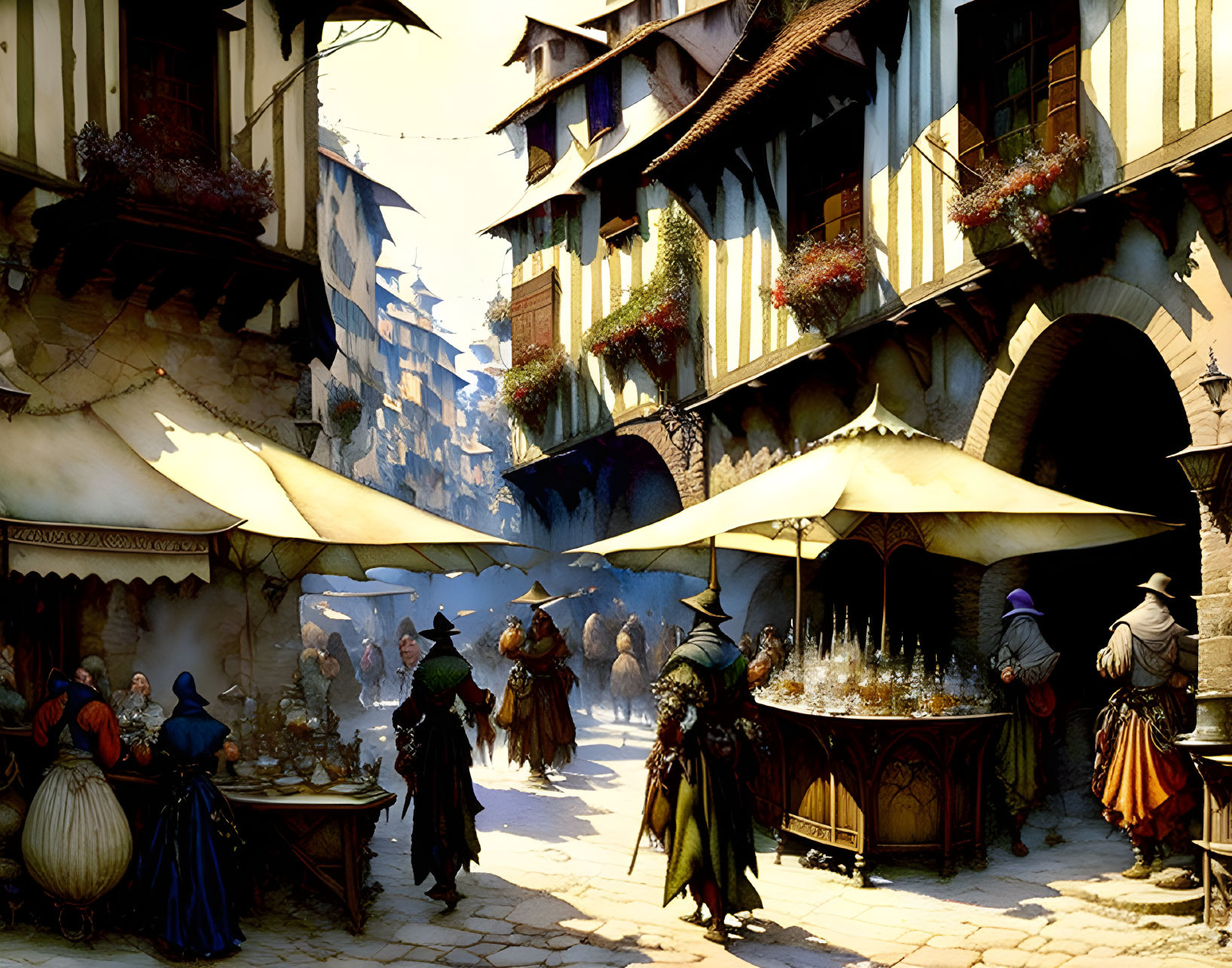 Medieval market scene with townsfolk, merchants, and colorful stalls