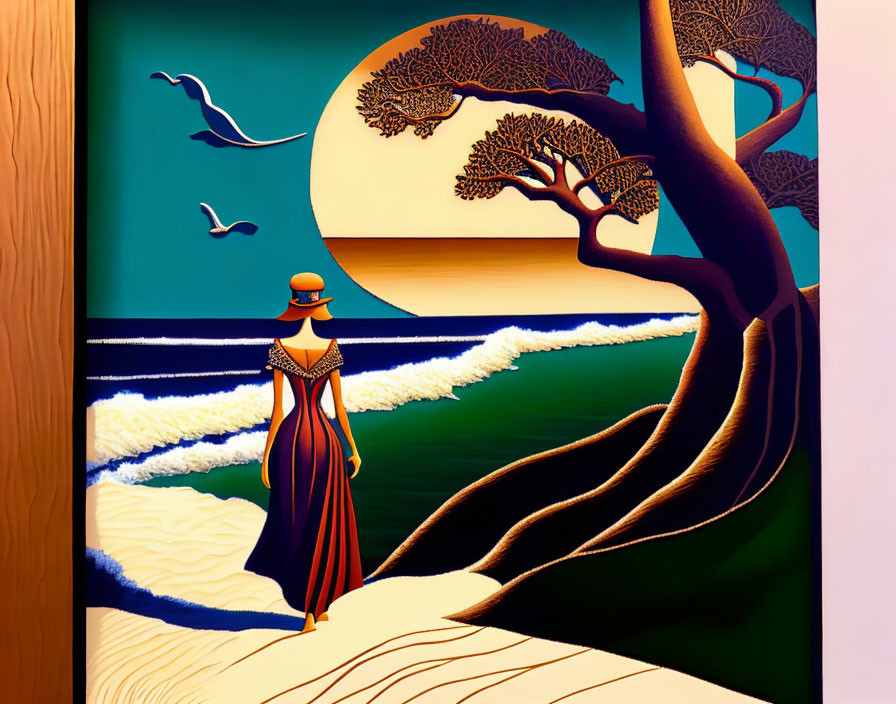 Stylized image of woman on beach with sun and tree