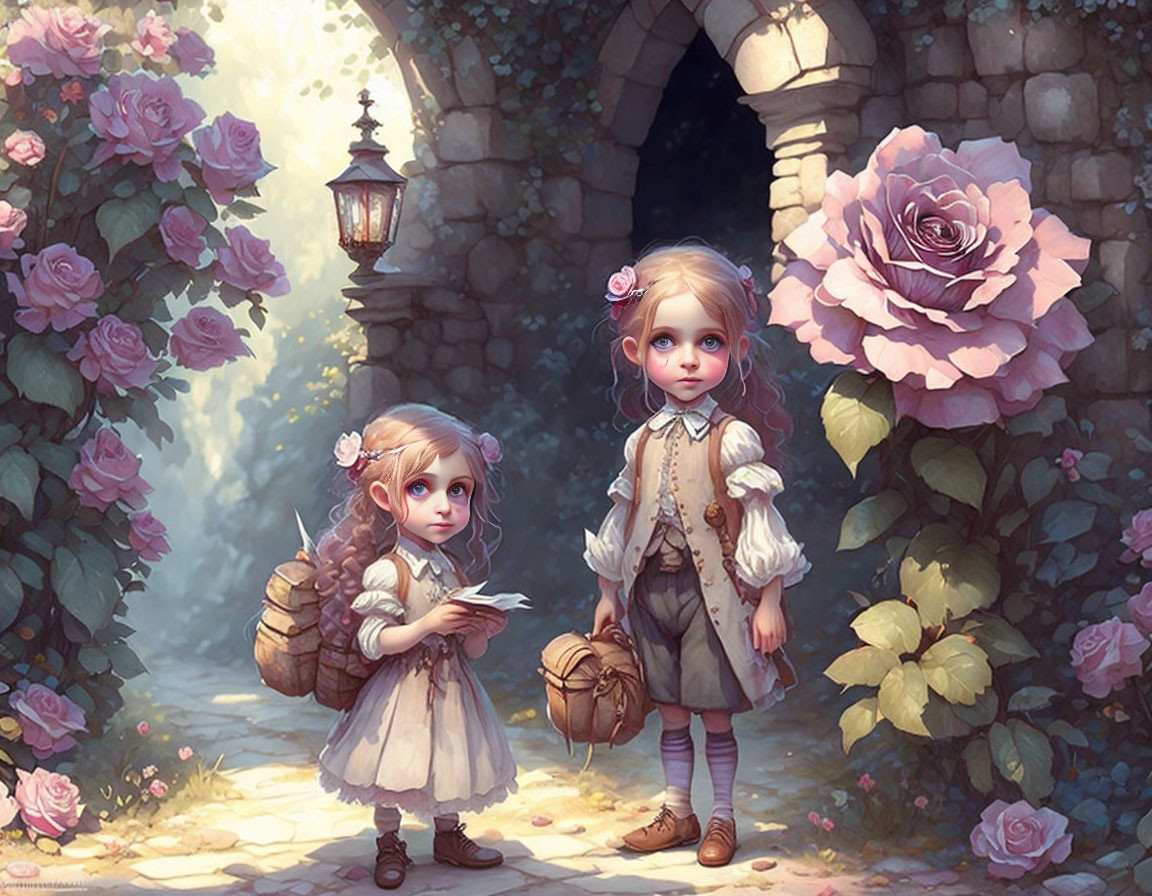 Two children by rose-adorned stone archway in enchanted setting