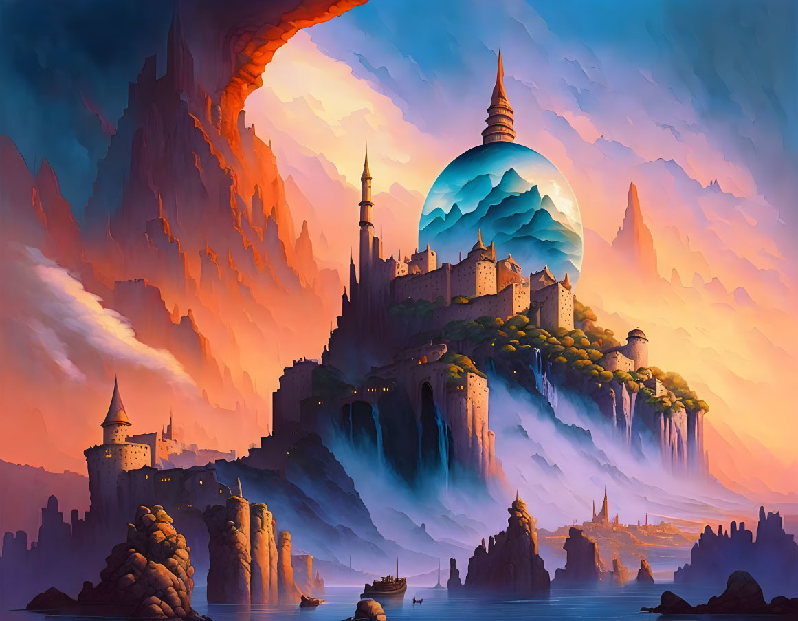 Fantasy landscape with castles, waterfalls, moon, boats, and colorful sky.