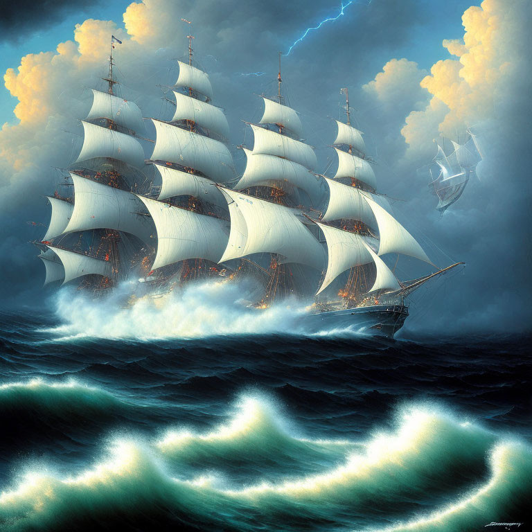 Tall ship sailing turbulent ocean under stormy sky