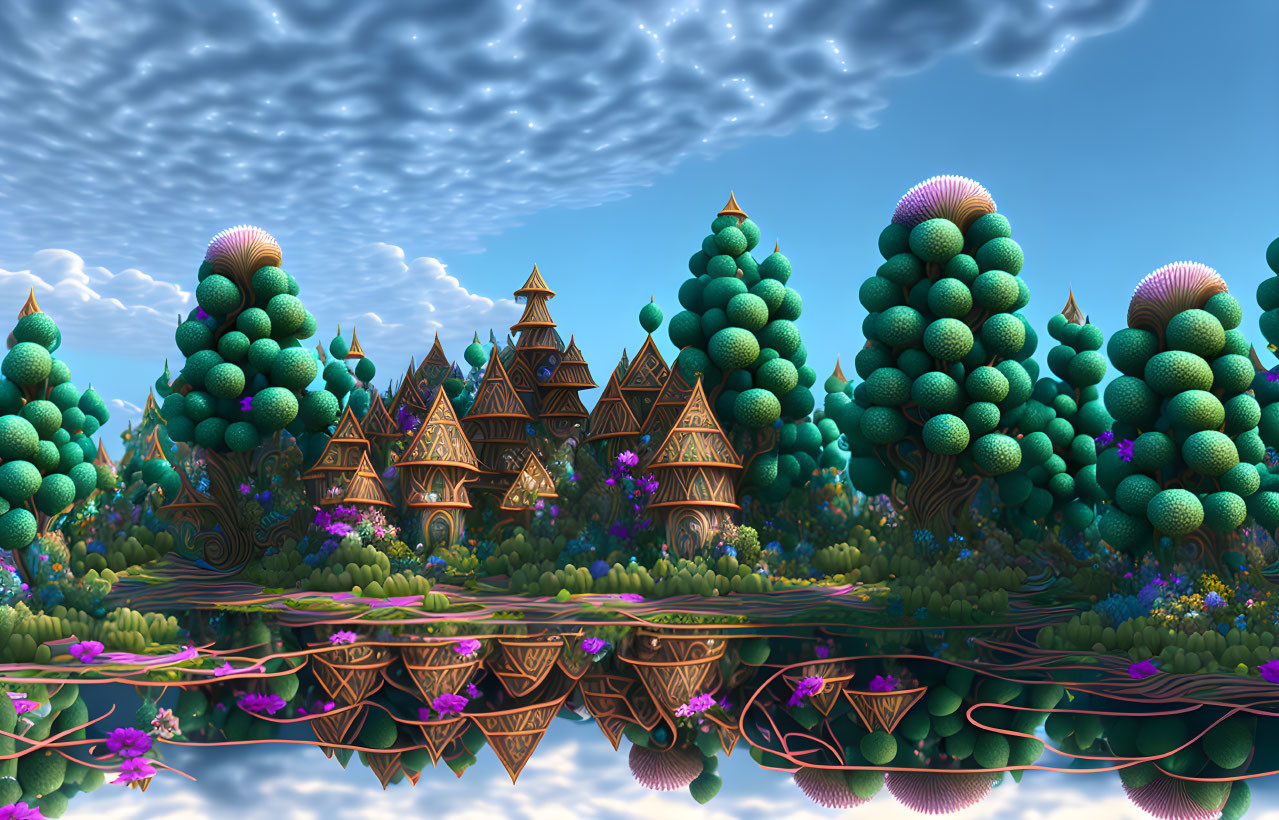 Fantasy landscape with textured trees, wooden house, and floating islands