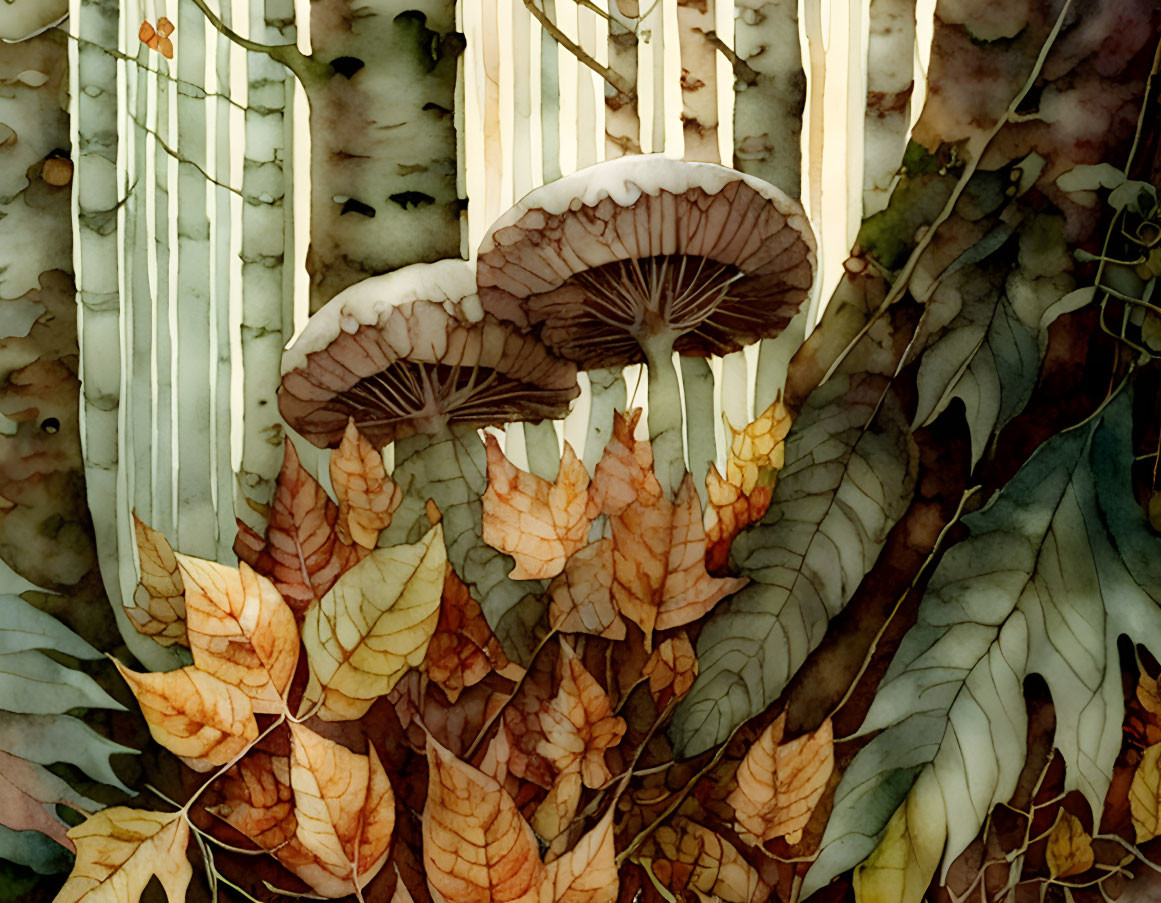 Autumn-themed watercolor painting of mushrooms in forest setting