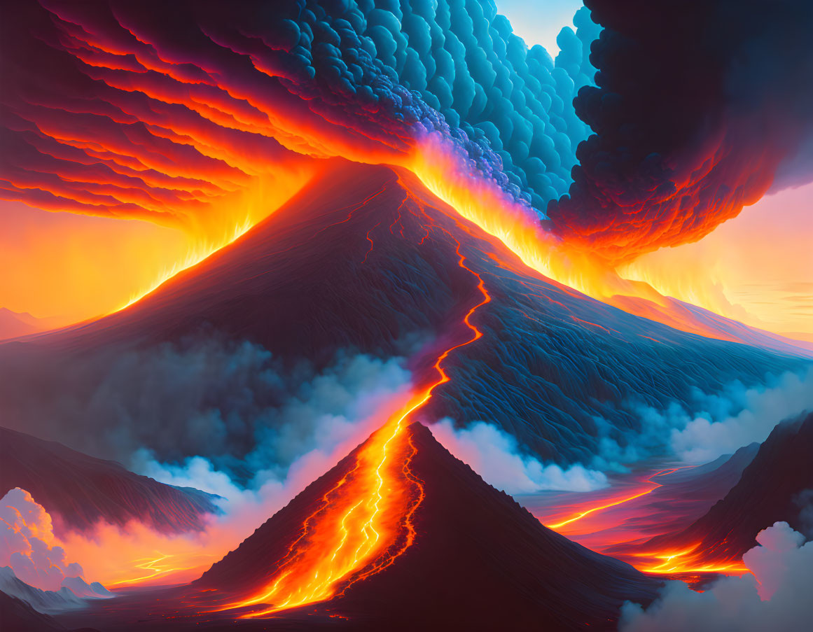 Vibrant volcanic eruption digital artwork at twilight