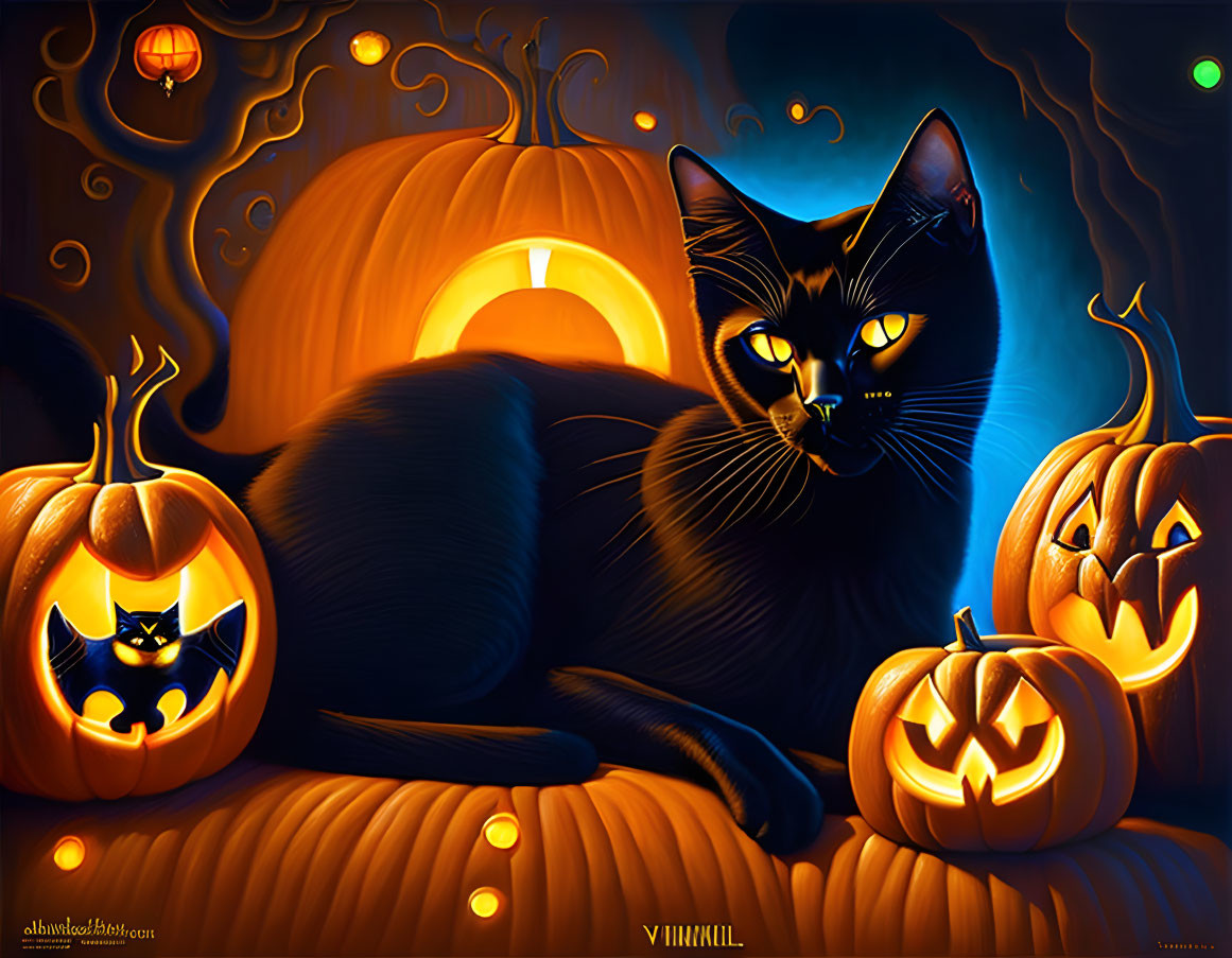 Colorful Halloween illustration with black cat, pumpkins, and lanterns