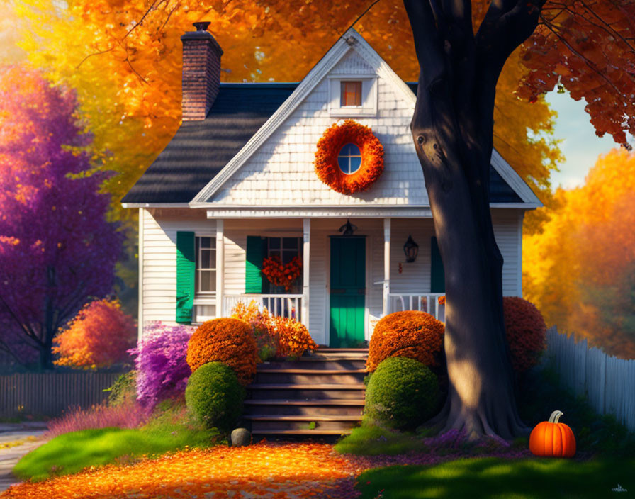 White Cottage with Green Shutters and Autumn Decorations Under Fall Foliage