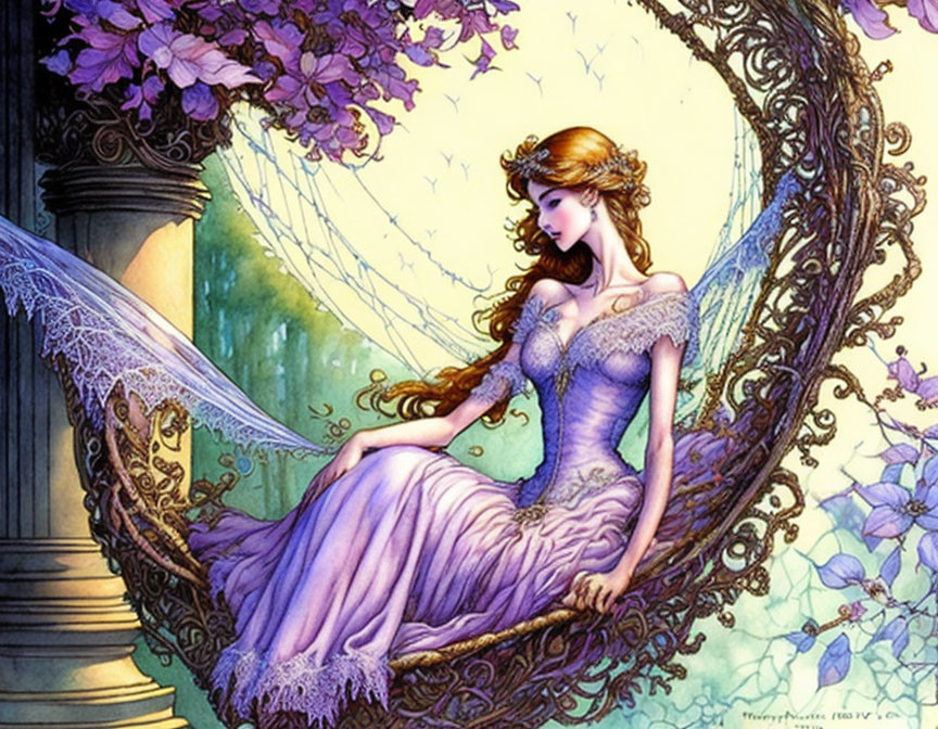 Illustrated woman in purple gown under ornate arch with flowing hair