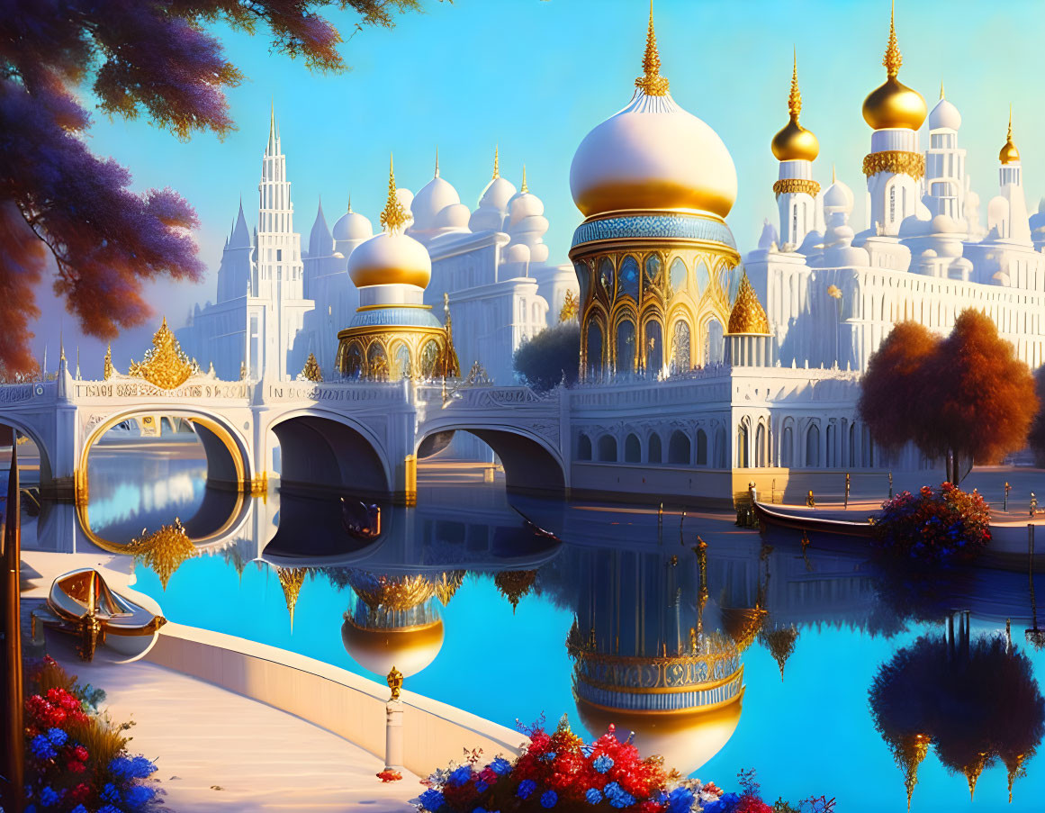 Vibrant fantasy landscape with golden-domed structures, river, bridge, and lush foliage