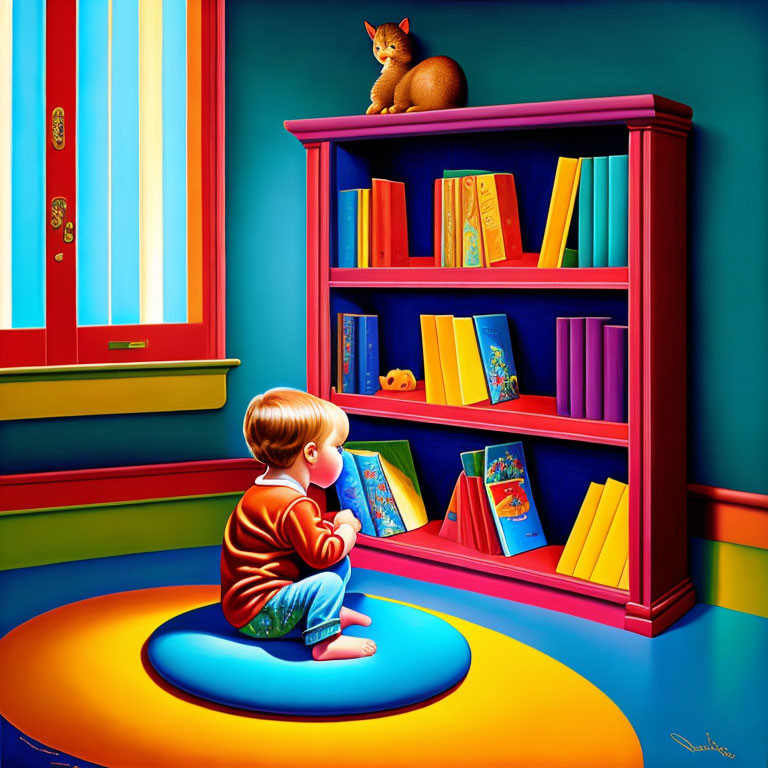 Child reading book in front of red bookshelf with cat in colorful room