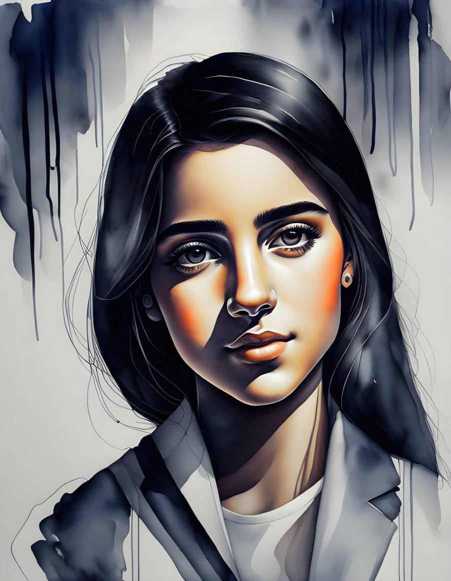 Detailed illustration of woman with dark hair, striking orange highlights, and dripping ink effect