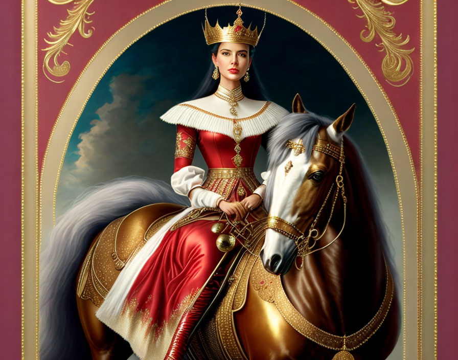 Medieval noblewoman in red and gold gown on horseback