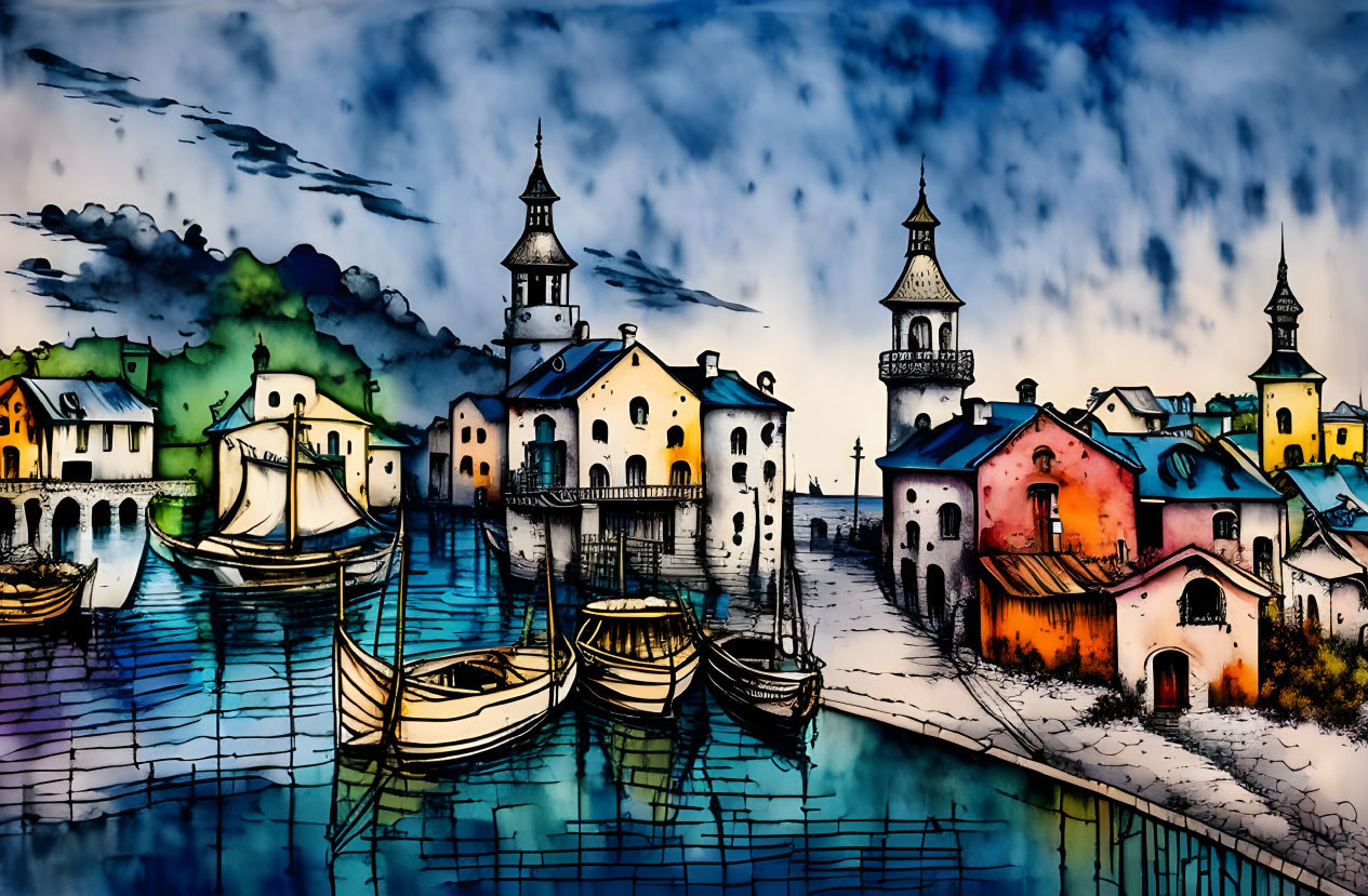 Scenic coastal village painting with boats, colorful buildings, and dramatic sky