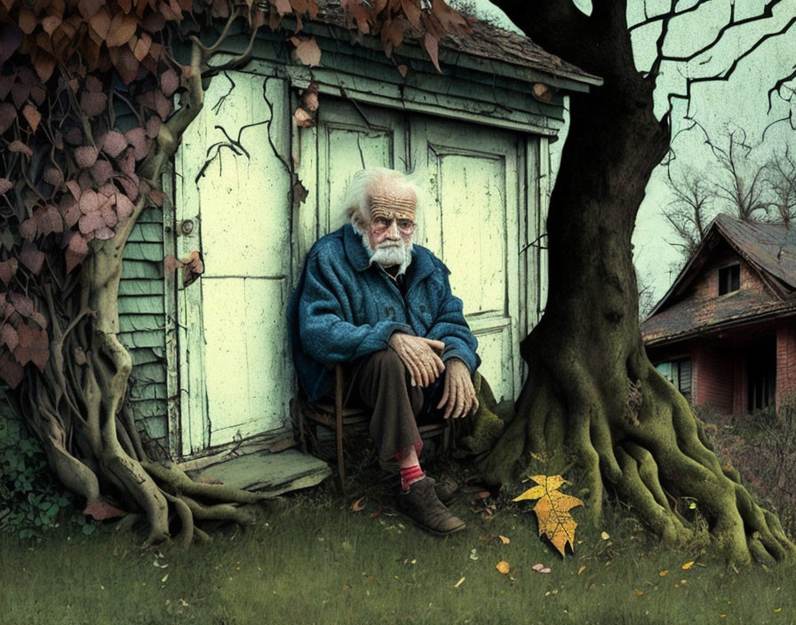 Elderly person with white hair and beard sitting by rustic shed and large tree