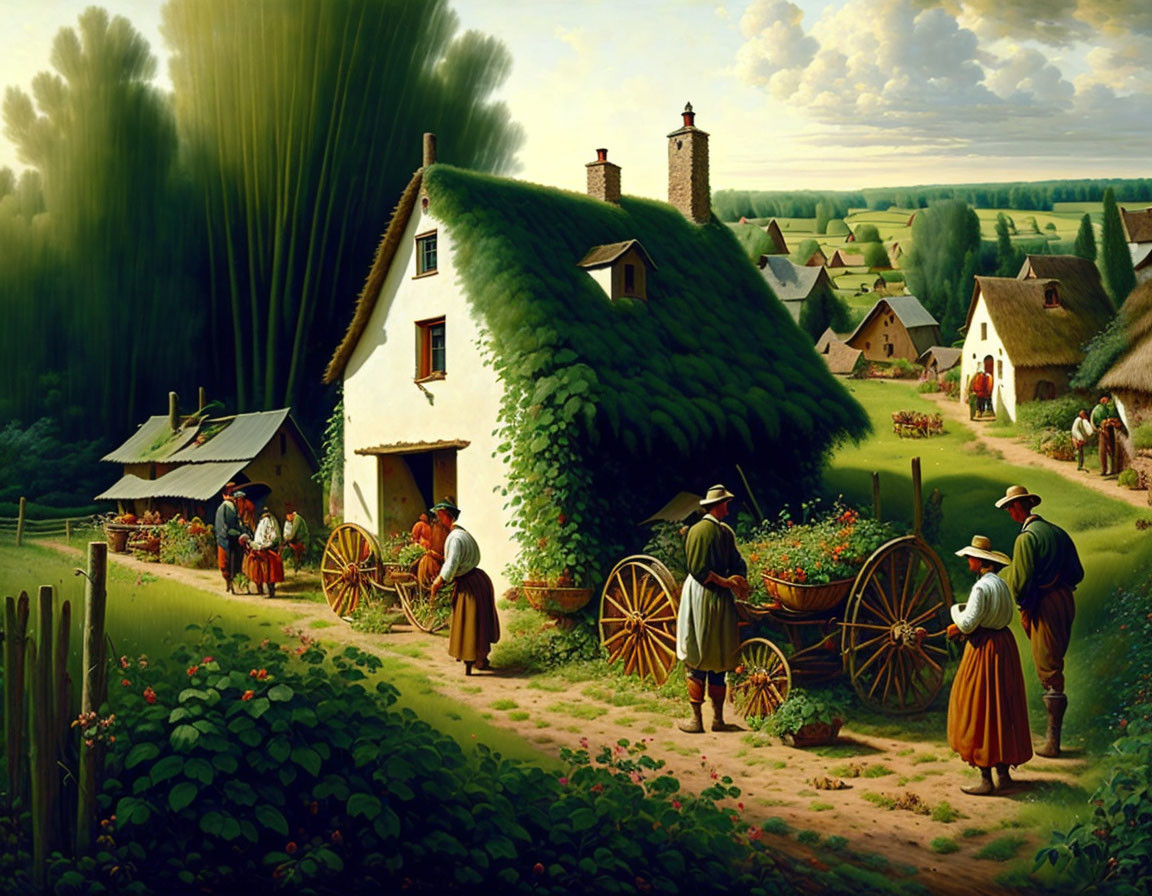 Rustic village scene with thatched-roof cottage and villagers in period attire