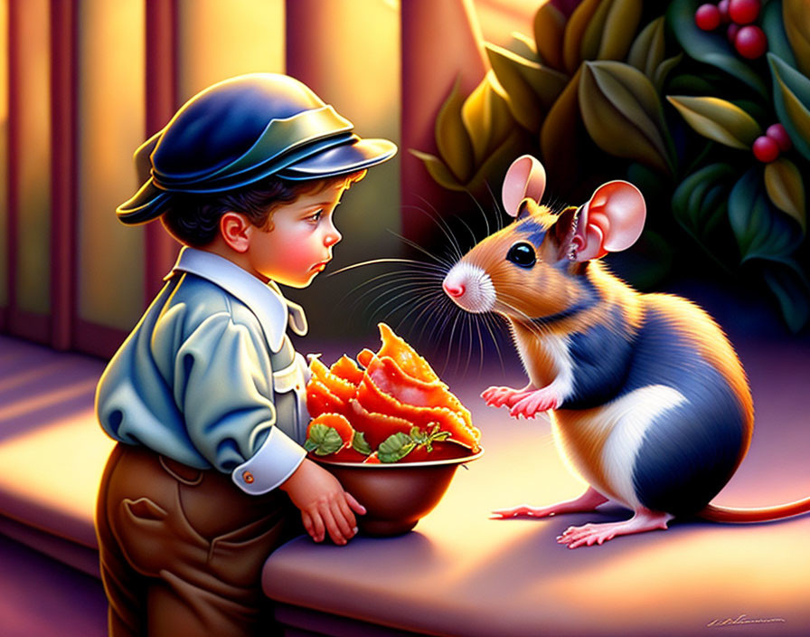 Vintage-dressed boy offers cheese to curious mouse under warm light