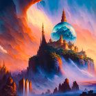 Fantasy landscape with castles, waterfalls, moon, boats, and colorful sky.