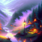 Enchanting village scene: cozy houses, river, pine trees, twilight sky
