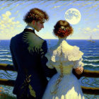 Vintage couple by sea under full moon with sailboat and Van Gogh-style backdrop