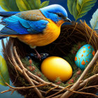 Colorful Bird Nest with Decorated Eggs and Gold Egg in Green Leaves