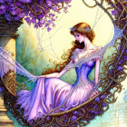 Illustrated woman in purple gown under ornate arch with flowing hair