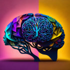 Colorful digital artwork: Two merged human heads with vibrant brain structure on geometric background