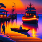 Scenic sunset at calm marina with silhouettes and warm-lit pier