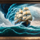 Vintage ship sailing through stormy seas in ornate frame