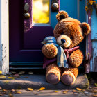 Plush teddy bear with scarf on doorstep beside blue door