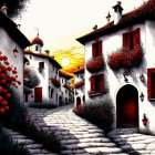 Whimsical village painting with white houses and red trees