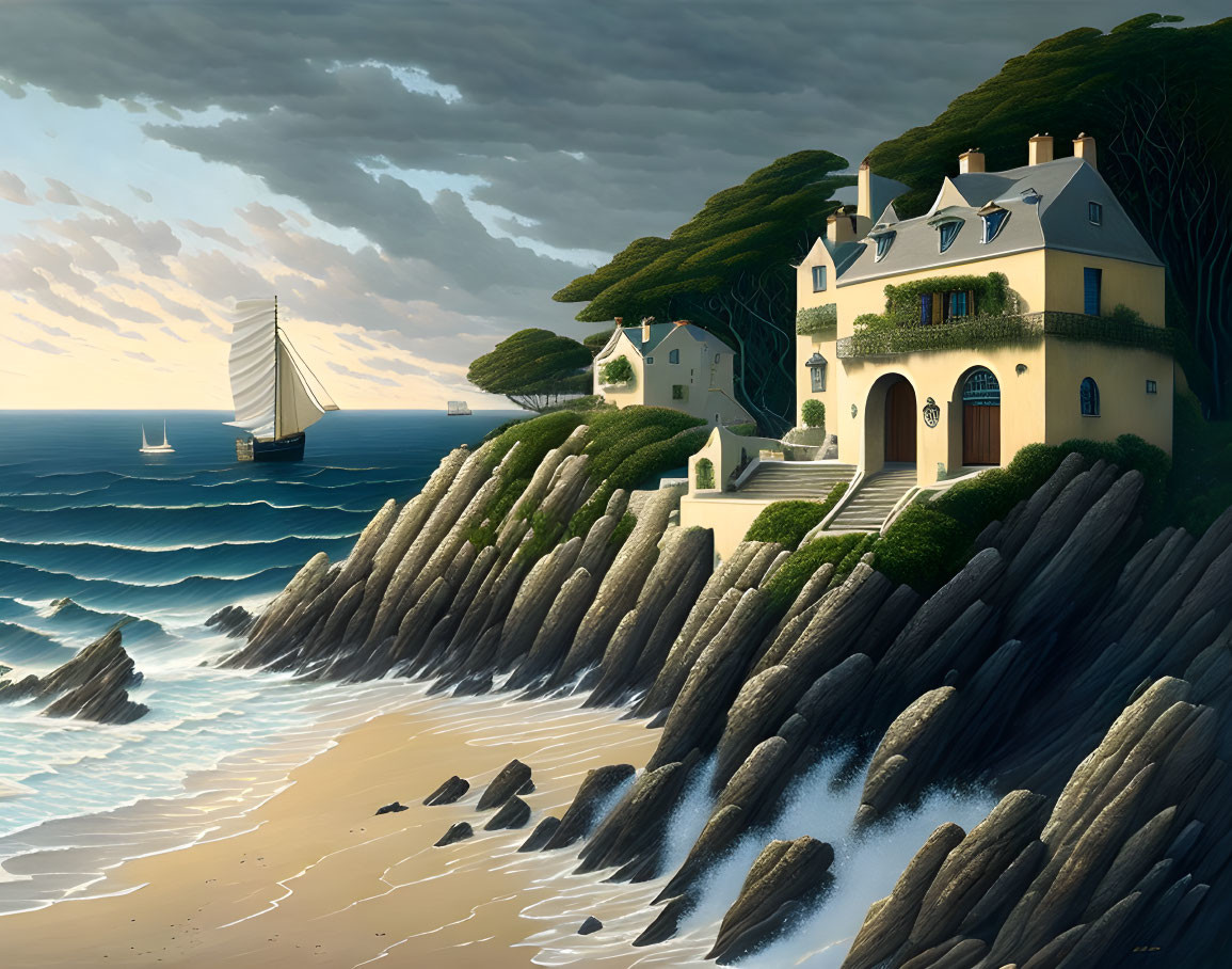 Coastal home, rocky shore, sailing ships, windswept trees: Seaside landscape.