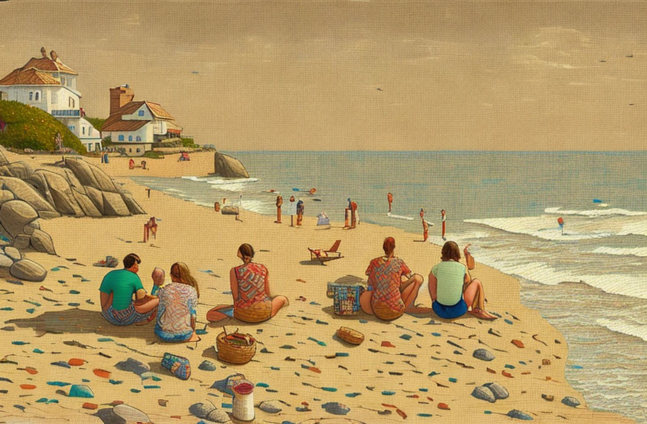 Vintage-style illustration of people on sandy beach with houses and gentle waves.