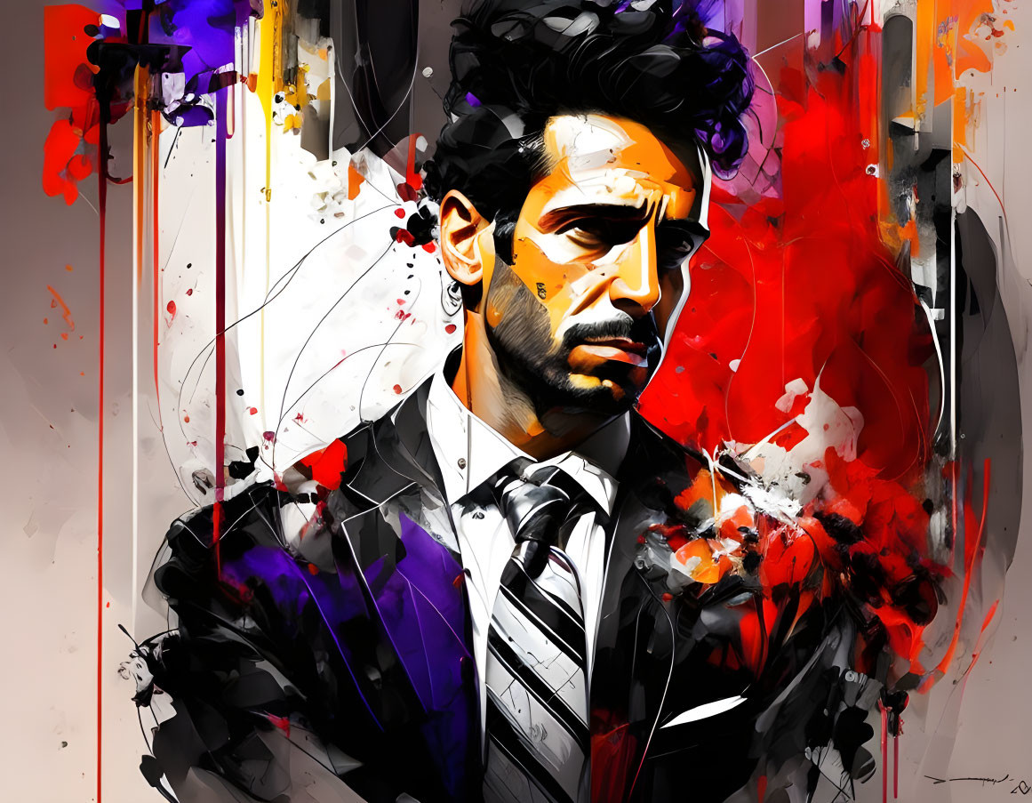 Colorful Abstract Artwork of Man in Suit with Dynamic Splash Effects