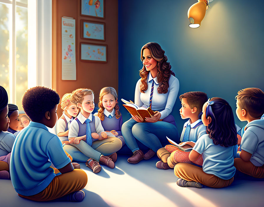 Teacher reading to children in colorful classroom with sunlight