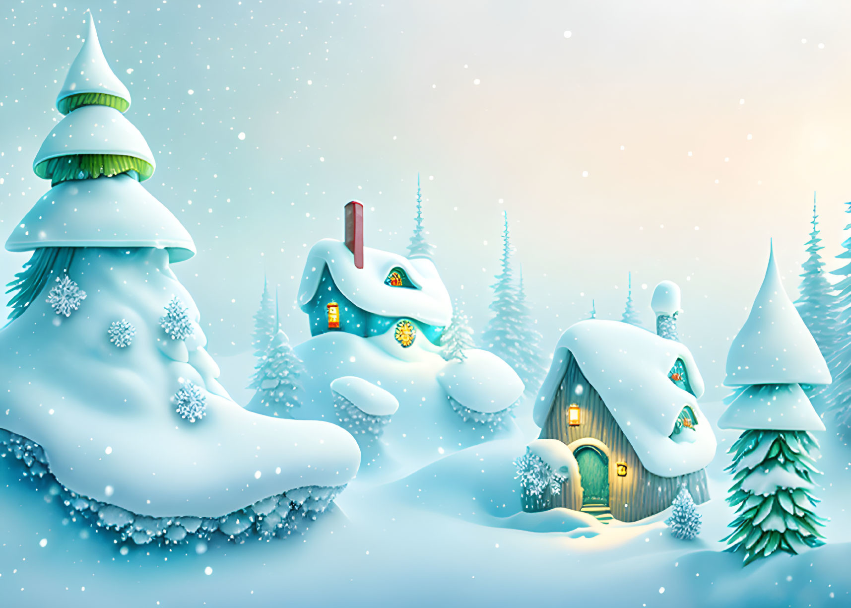 Cartoon-style winter village with snow-covered houses and trees