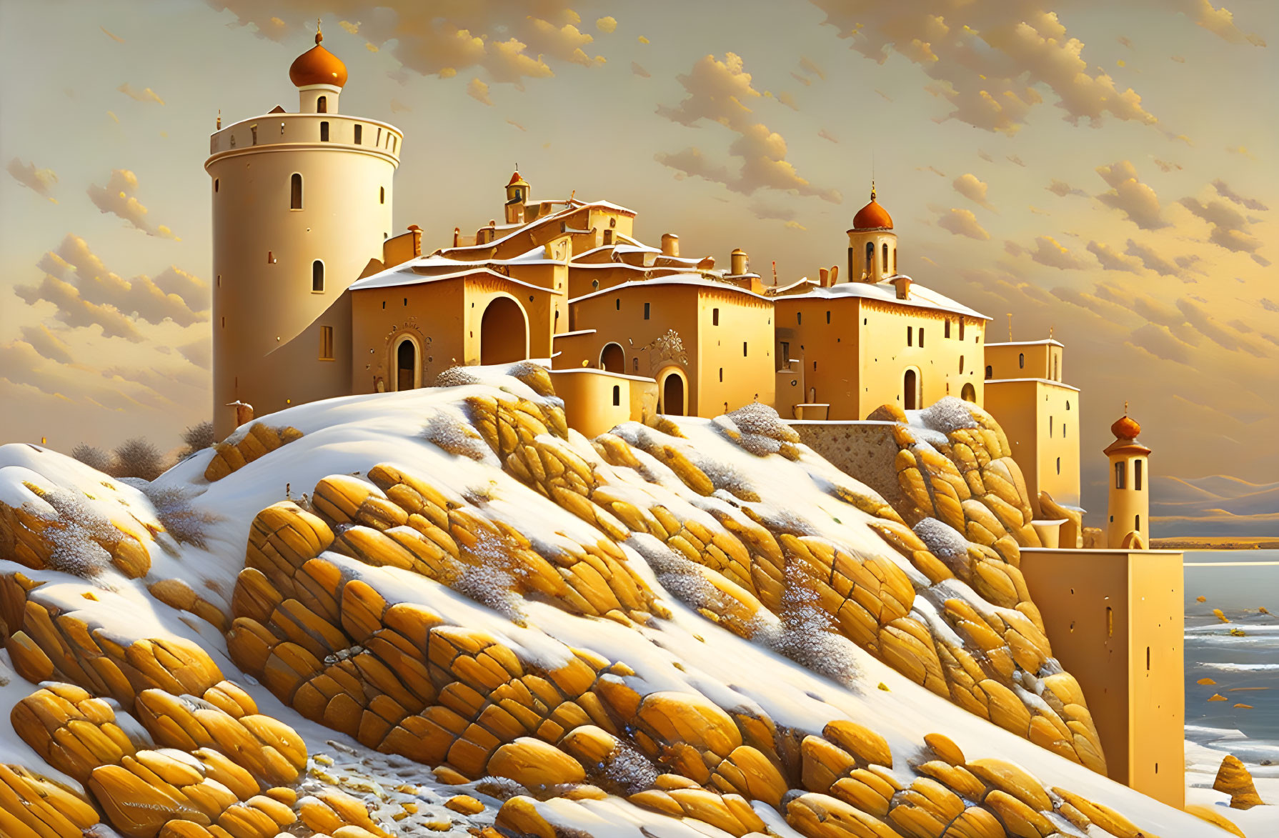 Golden castle on snowy boulders under clear blue sky