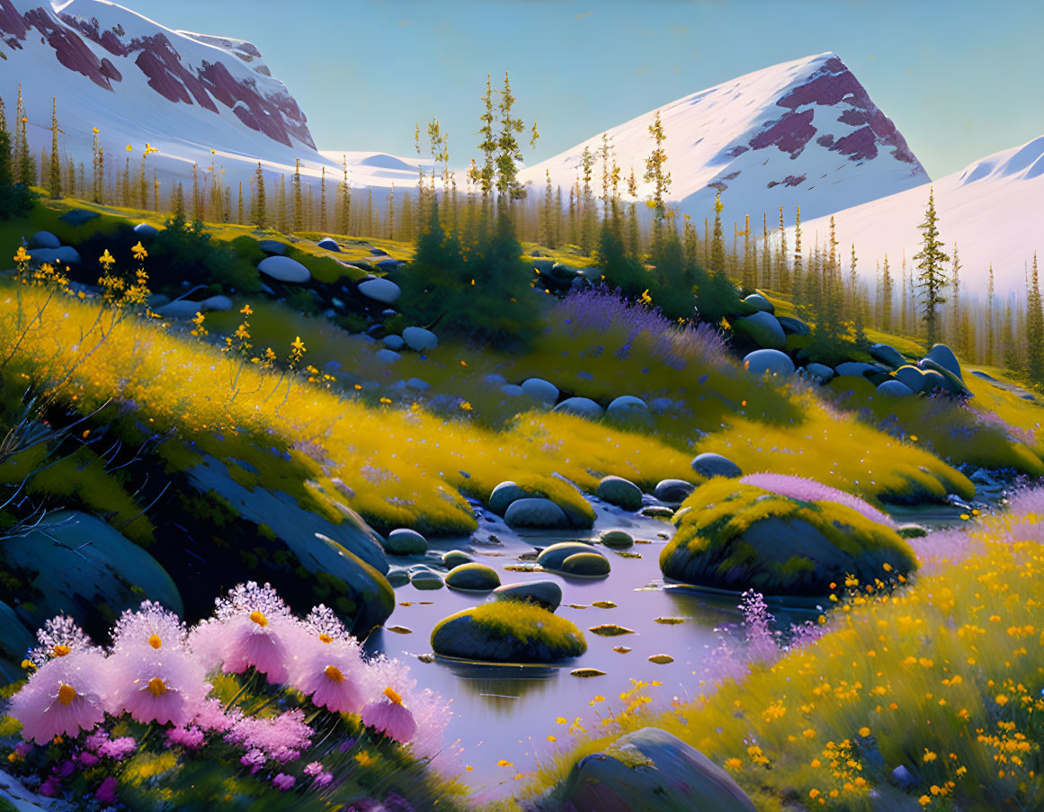 Scenic landscape with stream, boulders, wildflowers, and mountains