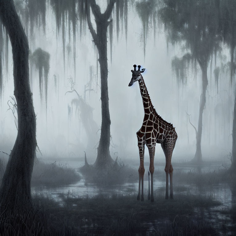 Giraffe in misty swamp forest with Spanish moss-draped trees